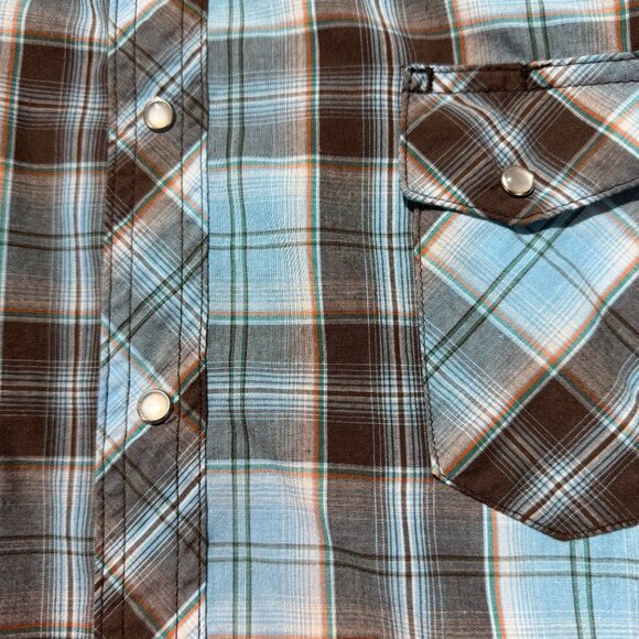 Wrangler Wrancher Men's Shirt 3X Blue/Brown Plaid Pearl Snap Short Sleeve - Picture 4 of 8